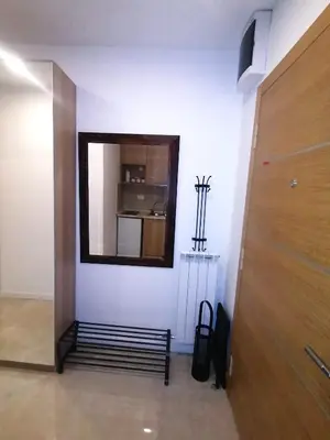 a hallway with a mirror and a bench in a room at Skyline Studio Belgrade in Belgrade