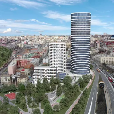 an overhead view of a city with a tall building at Skyline Studio Belgrade in Belgrade