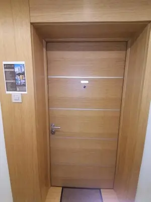 a wooden door with a handle in a room at Skyline Studio Belgrade in Belgrade