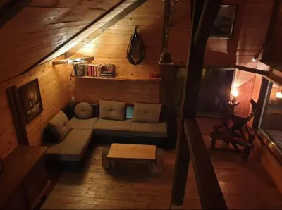 an overhead view of a living room in a cabin at Log cabin in Belgrade