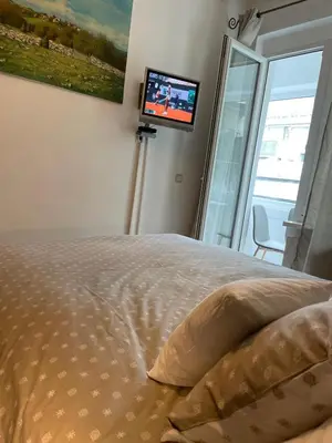 a bedroom with a bed and a television on a wall at DeeM-LUX in Belgrade