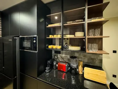 a kitchen with black cabinets and a black counter top at Momentum in Belgrade