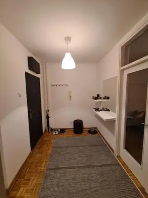 an empty living room with a black door and a rug at 70 square meters in Block 61 in Bežanija