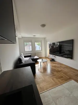 a living room with a couch and a tv at Residence 25V in Batajnica