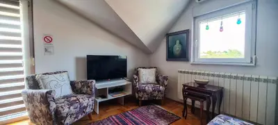 a living room with two chairs and a flat screen tv at Dina cozy apartment in Zemun