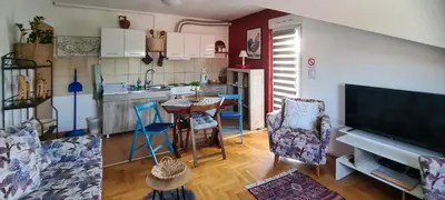 a kitchen and living room with a table and chairs at Dina cozy apartment in Zemun