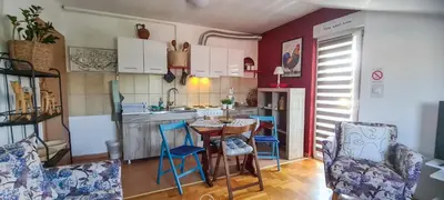 a kitchen with a table and chairs in a room at Dina cozy apartment in Zemun