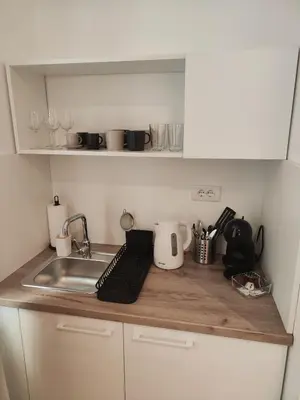 a small kitchen with a sink and a counter top at Mina Luxury Suite 1 in Belgrade