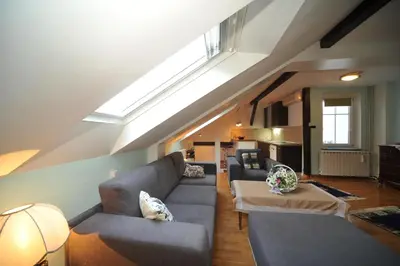 a living room with couches and a skylight at Apartment Resavska in Belgrade