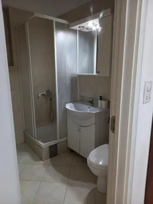 a bathroom with a shower and a sink and a toilet at TWINS in Belgrade