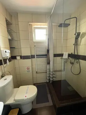 a small bathroom with a toilet and a shower at BMM LUX APARTMENT CENTAR in Belgrade