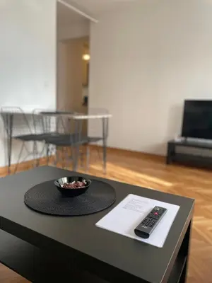 a black table with a remote control on top of it at BMM LUX APARTMENT CENTAR in Belgrade