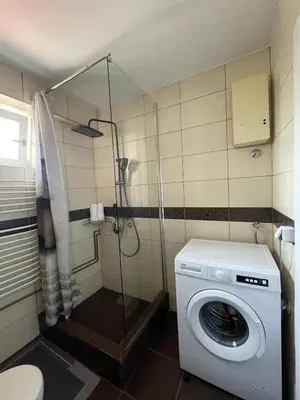a washing machine in a bathroom with a shower at BMM LUX APARTMENT CENTAR in Belgrade