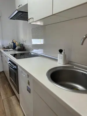 a white kitchen with a sink and a stove at Beli Dvor na Dunavu in Kovin