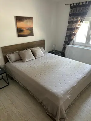 a bedroom with a large bed with two pillows at Beli Dvor na Dunavu in Kovin
