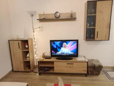 a living room with a flat screen tv on a wooden entertainment center at Apartman DUDA Surčin in Surčin