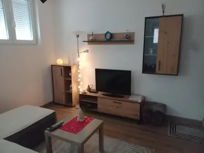 a living room with a flat screen tv and a table at Apartman DUDA Surčin in Surčin