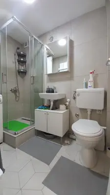 a bathroom with a shower and a toilet and a sink at Apartman DUDA Surčin in Surčin