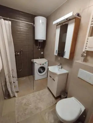 a bathroom with a toilet and a sink and a washing machine at DomaćIN in Ledine