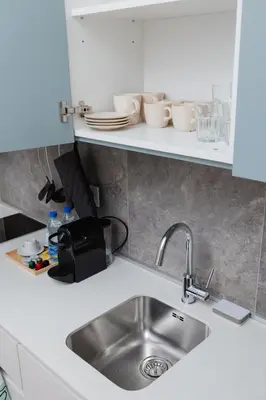 a kitchen counter with a sink and dishes on a shelf at Studio Passion-Belgrade Waterfront in Belgrade