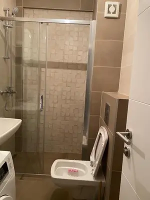 a bathroom with a shower with a toilet and a sink at Viskra in Belgrade