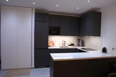 a kitchen with black cabinets and a white counter top at Cityheart St. Sava in Vračar (historical)