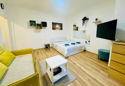 a living room with a bed and a flat screen tv at Golden Oasis in Belgrade
