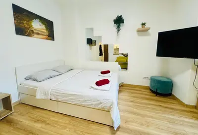 a bedroom with a bed and a flat screen tv at Golden Oasis in Belgrade