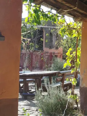 a picnic table in a garden with a red fence at Eagles Court - Orlovski Vrt in Staji°evo