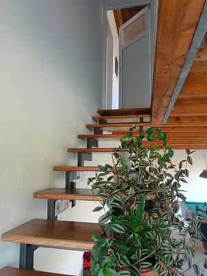 a group of wooden stairs with a potted plant at Jablanicki Refugium in Pružatovac