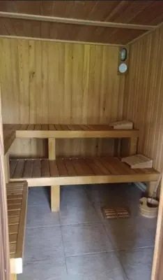 a inside of a sauna with a bench in it at Jablanicki Refugium in Pružatovac