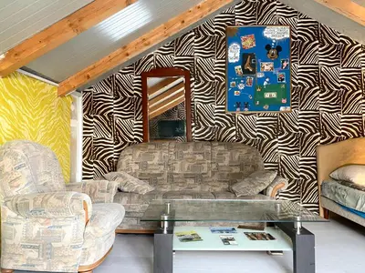 a living room with a couch and a mirror at Kuća za proslave i odmor ZMAJEVO GNEZDO in Pe°ani