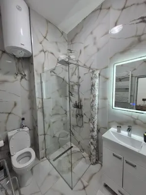 a bathroom with a shower and a toilet and a sink at Authentic Belgrade Centre - 4 Suites in One Space, with patios in courtyard for smokers in Belgrade
