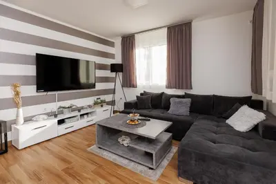 a living room with a couch and a flat screen tv at Shiny in Bele Vode