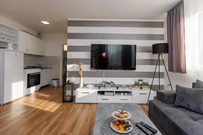 a living room with a tv on a striped wall at Shiny in Bele Vode