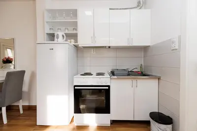 a kitchen with white cabinets and an oven at Shiny in Bele Vode