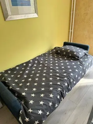a bed in a room with a blanket with stars on it at Modern one bedroom in the center of Belgrade in Belgrade