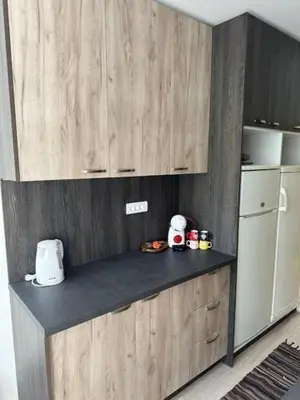 a kitchen with wooden cabinets and a counter top at Modern one bedroom in the center of Belgrade in Belgrade