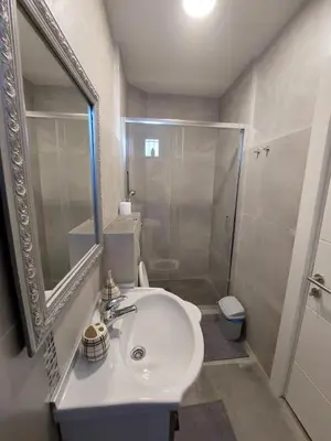 a white bathroom with a sink and a shower at D&N Apartman in Ledine
