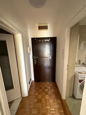 a hallway with a brown door in a room at Apartment 601 in Surčin