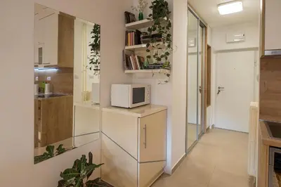 a kitchen with a microwave on top of a counter at Cozy studio with a terrace near Slavija square in Sajmište