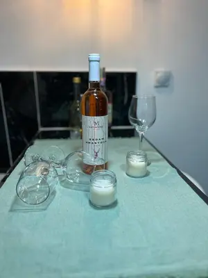 a bottle of wine and glasses on a table at Tea i Una in Arandjelovac