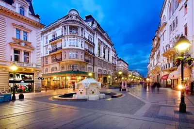 a city street with buildings and a fountain in the middle at Dorćol Central Apartment-NEW in Belgrade