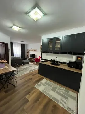 a kitchen with black cabinets and a living room at Airport SKY apartments LUX in Belgrade