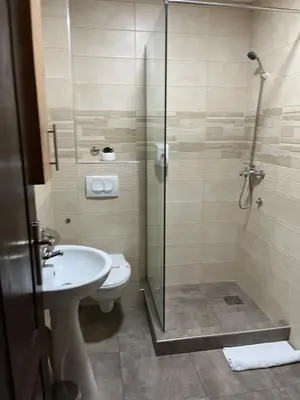 a bathroom with a shower and a toilet and a sink at Airport SKY apartments LUX in Belgrade