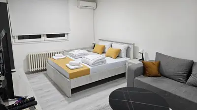 a small bedroom with a bed and a couch at Apartman Pavlovic 2 in Dušanovac (historical)
