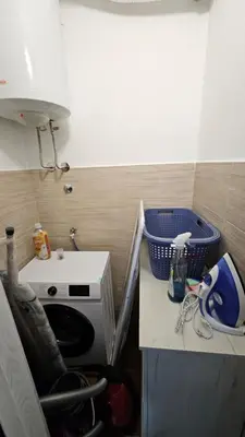 a small kitchen with a sink and a washing machine at Apartman Pavlovic 2 in Dušanovac (historical)
