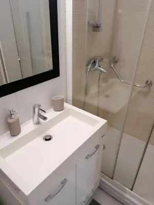 a bathroom with a white sink and a shower at Kalemegdan centar in Belgrade