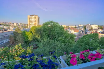 a balcony with flowers and a view of a city at City View in Dušanovac (historical)