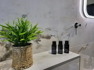 a bathroom with two bottles of shampoo and a plant at Luxury Central Square Apartment 2214 in Belgrade
